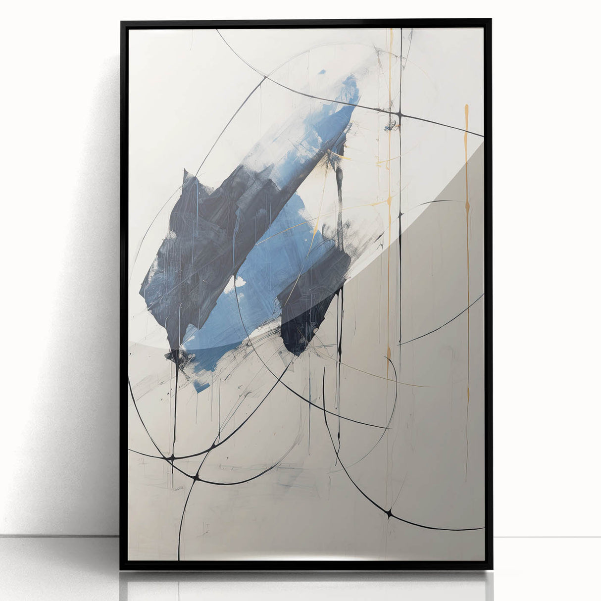 Abstract minimalist wall art framed in black acrylic, showcasing a contemporary design that enhances modern decor with its sleek lines and subtle colors.
