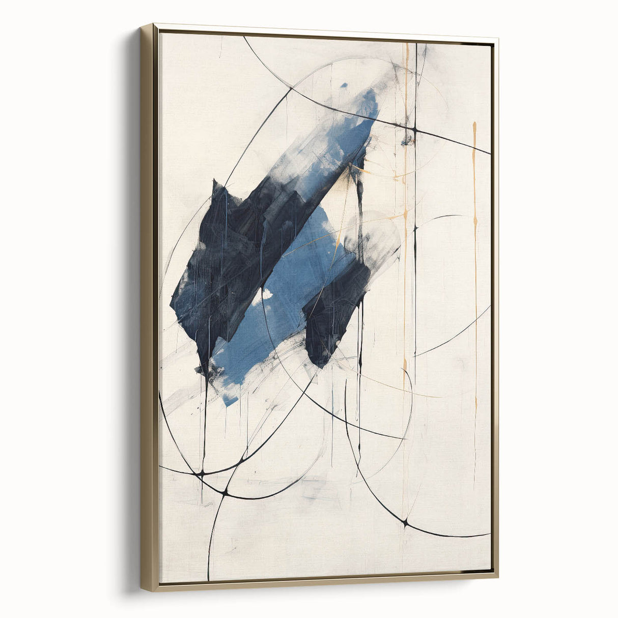 Framed abstract minimalist wall art featuring elegant gold accents, displayed in a side view. Ideal for modern home decor, enhancing contemporary interiors with sophistication.