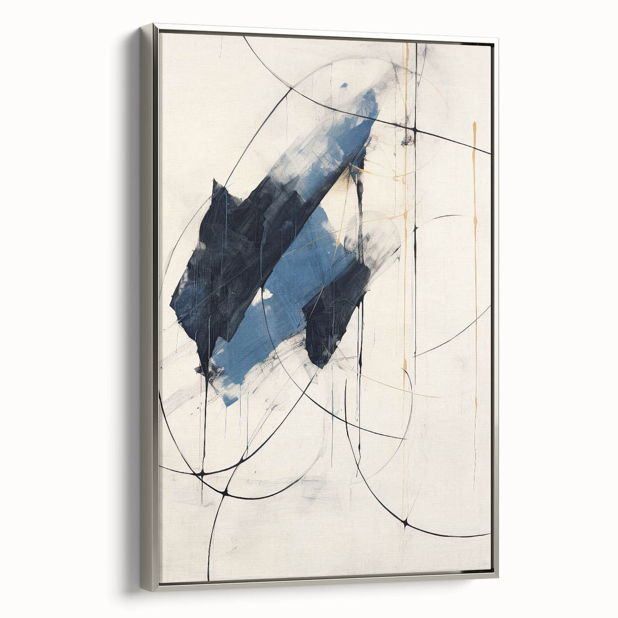 Framed minimalist wall art featuring an abstract design with silver accents, showcasing a sleek side view that highlights its modern aesthetic, perfect for contemporary decor.