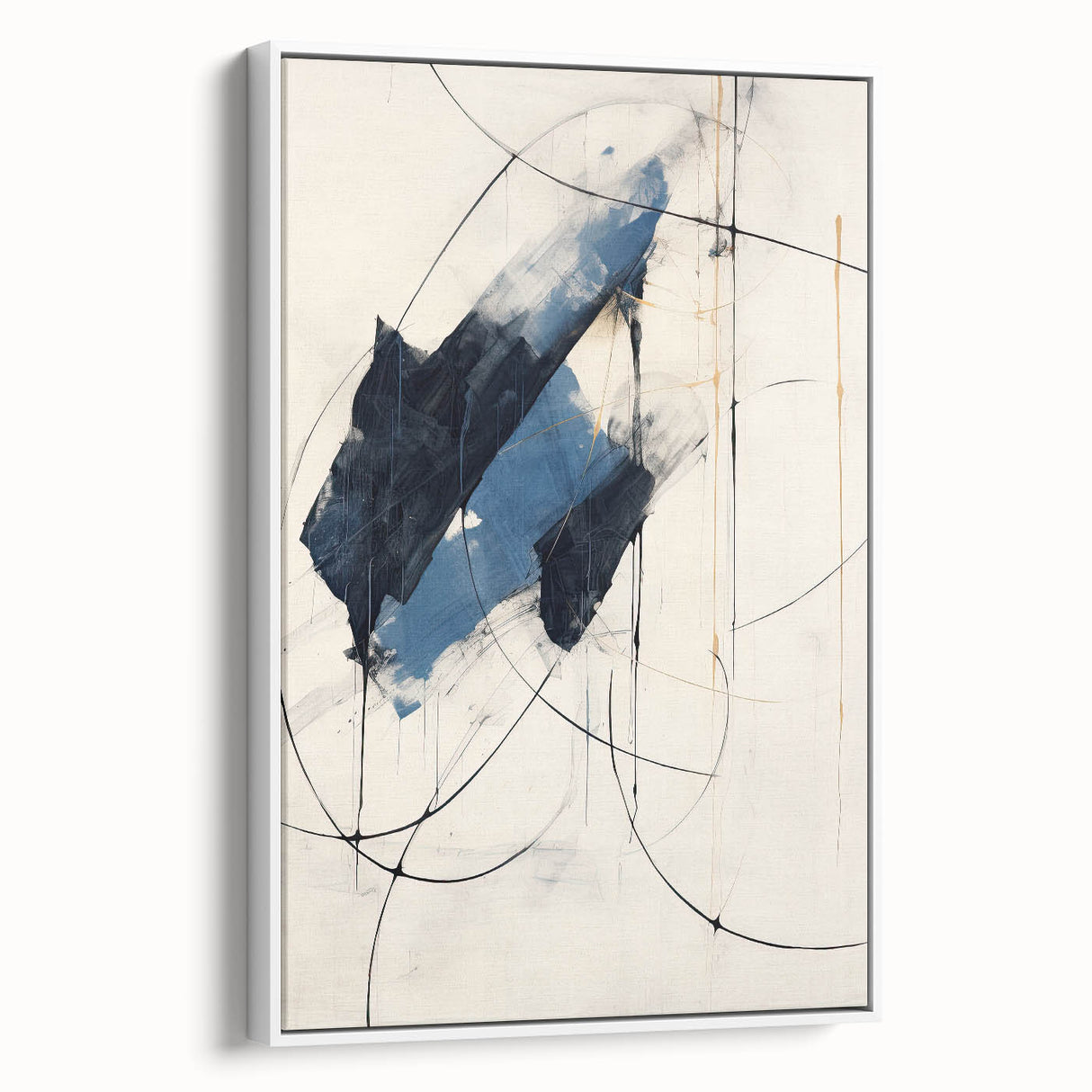 Abstract minimalist wall art in a white frame, showcasing soft pastel colors and geometric shapes, perfect for modern home decor. The side view highlights the canvas texture and elegant framing.