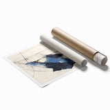 Abstract minimalist wall art print showcasing vibrant colors and geometric shapes, elegantly rolled for easy display, presented in a protective cardboard tube.