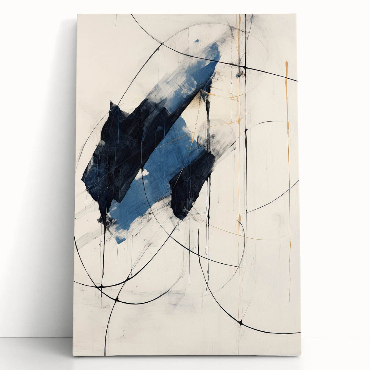 Abstract minimalist wall art featuring soft pastel colors on a stretched canvas, elegantly leaning against a neutral wall, adding a contemporary touch to any space.