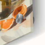 Large abstract wall art featuring assorted fruits in vibrant colors on acrylic glass, ideal for dining room decor.