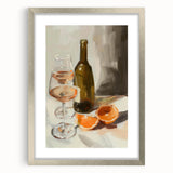 Textured art of abstract fruit designs in muted earth tones, framed with a silver mat, ideal for bedroom decor.