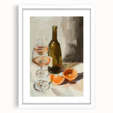 Abstract art print of assorted fruits in vibrant colors on a white framed mat, ideal for dining room decor.