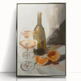 Mid-century modernist art featuring assorted fruits in vibrant colors on a silver-framed acrylic print.