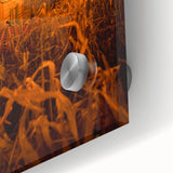 Large abstract wall art depicting autumn colors on acrylic glass, ideal for dining room art in a mid-century modernist style.