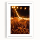 Abstract art print of autumnal trees in orange and red tones on a white framed canvas, suitable for dining room decor.