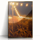 Large art print of a mid-century modernist autumn scene in gold and orange hues on framed acrylic.