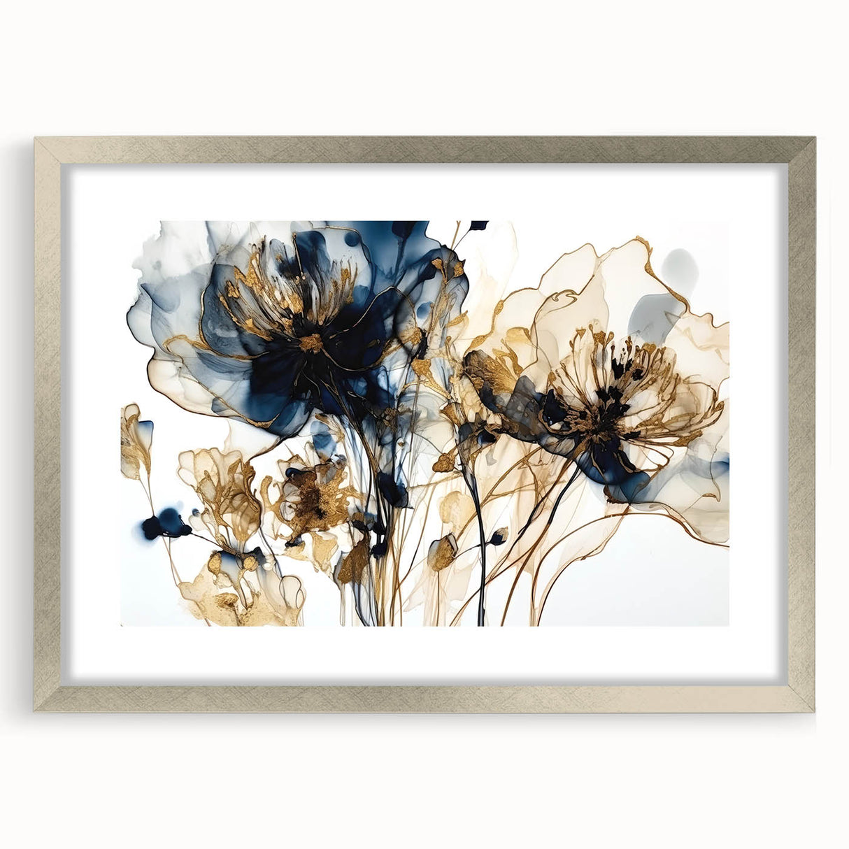 Elegant Navy & Gold Floral Living Room Wall Art - Modern Print