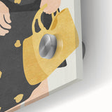 Close-up of an abstract figurative acrylic glass artwork showcasing vibrant colors and fluid shapes, ideal for modern home décor or gallery display.