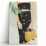 Abstract figurative stretched canvas art piece leaning against a wall, showcasing vibrant colors and dynamic shapes, perfect for modern decor.