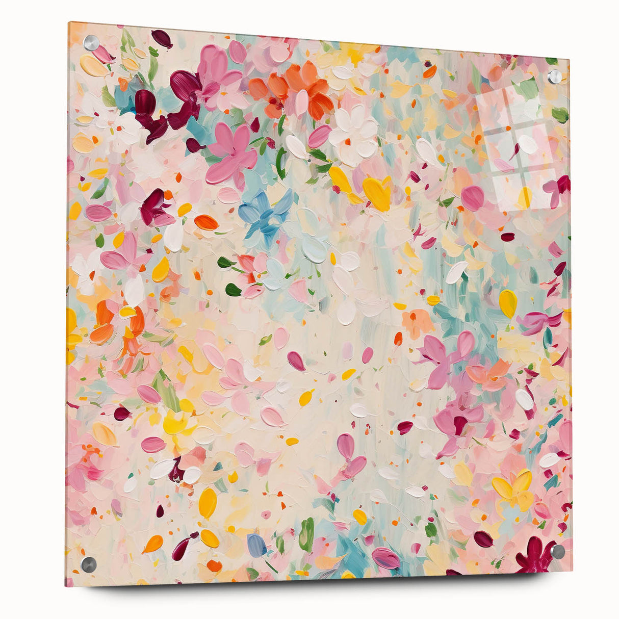 Abstract floral wall art design displayed in acrylic glass, showcasing vibrant colors and intricate patterns. The piece is elegantly pinned to a wall, highlighting its contemporary aesthetic ideal for modern home decor.