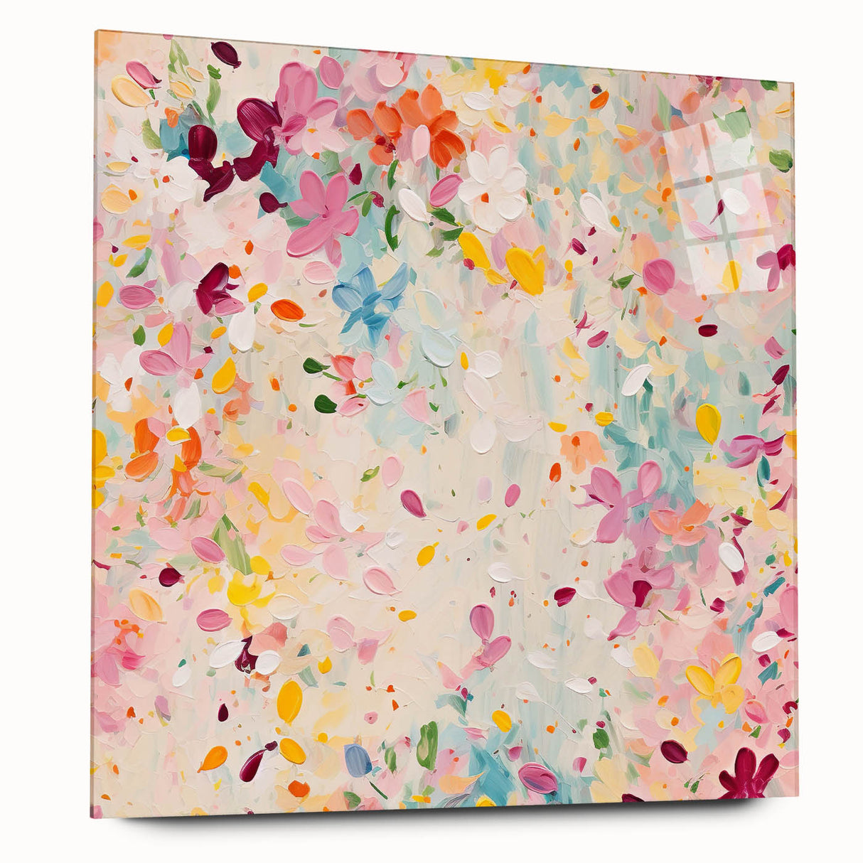 Abstract floral wall art displayed in a sleek acrylic glass frame, showcasing vibrant colors and intricate designs, ideal for modern home decor.