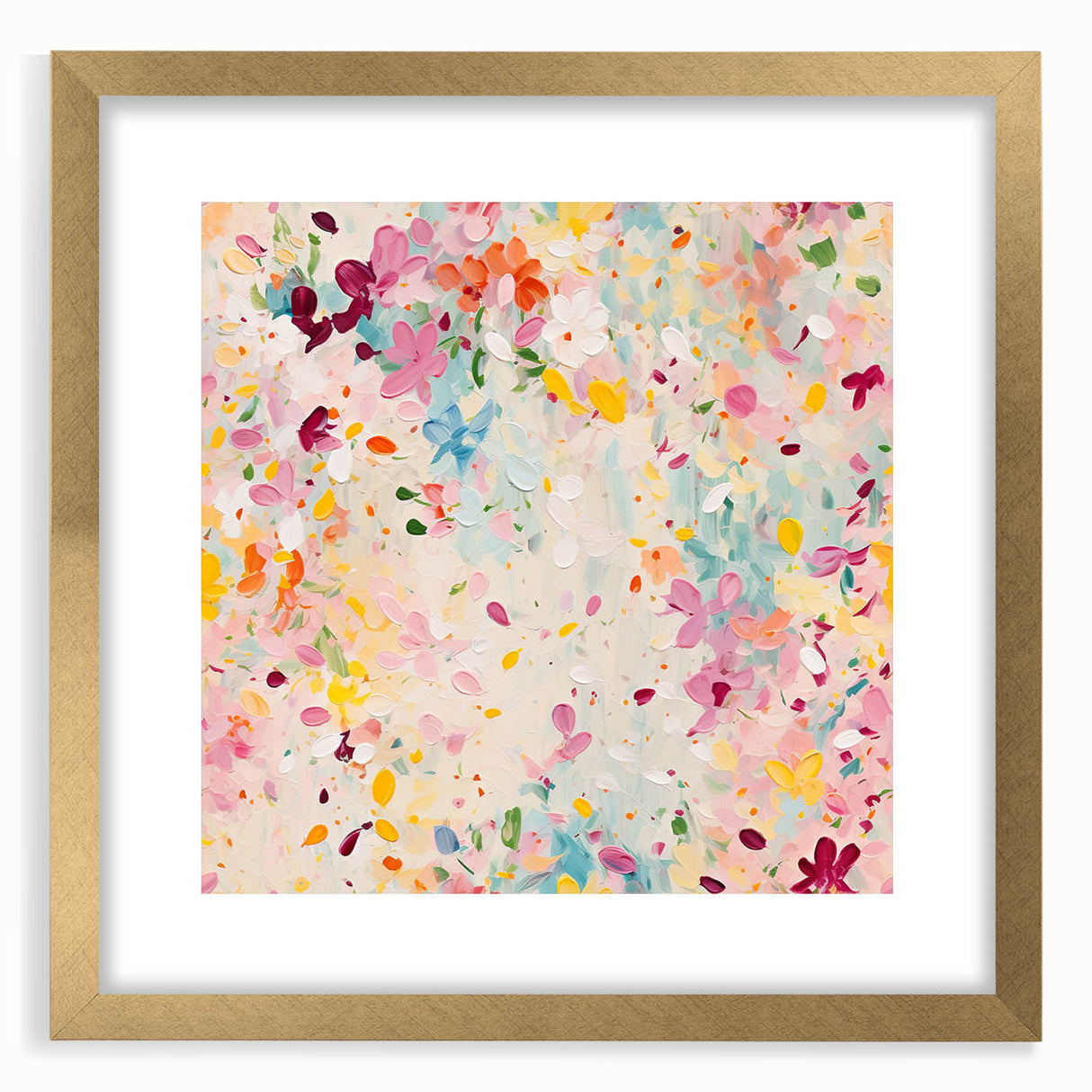 Abstract floral wall art framed with a gold mat, showcasing vibrant colors and intricate designs, perfectly suited for modern home decor. Ideal for adding elegance to any living space.