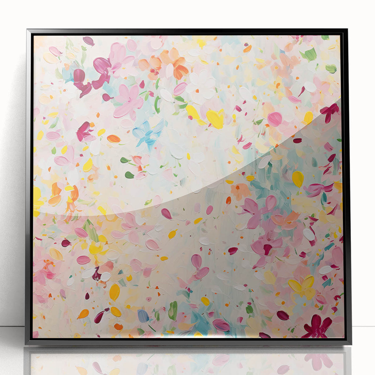 Framed abstract floral wall art featuring vibrant colors and intricate designs, set in a sleek black frame, perfect for enhancing modern home decor.