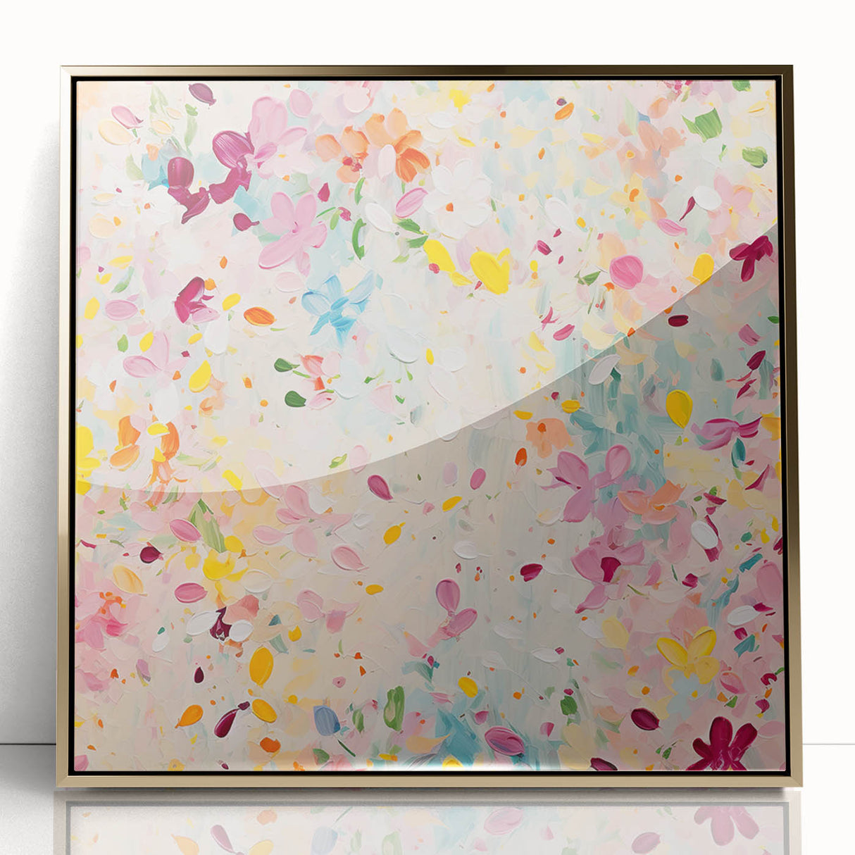 Framed abstract floral wall art with vibrant colors and gold accents, showcasing an elegant design perfect for modern home decor. Ideal for enhancing interior aesthetics.