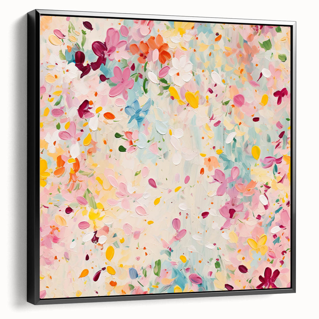 Framed abstract floral wall art in vibrant colors, showcasing intricate patterns on a black background, displayed in a modern setting. Ideal for contemporary decor.