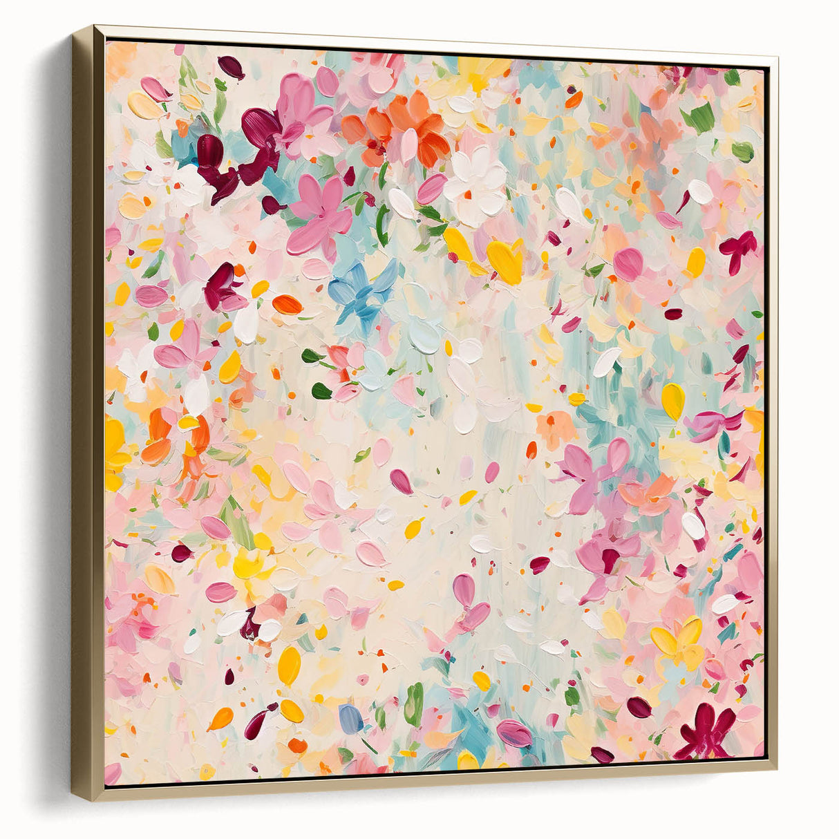 Framed canvas wall art showcasing an abstract floral design in silver and gold tones, elegantly displayed against a neutral background, perfect for modern home decor.