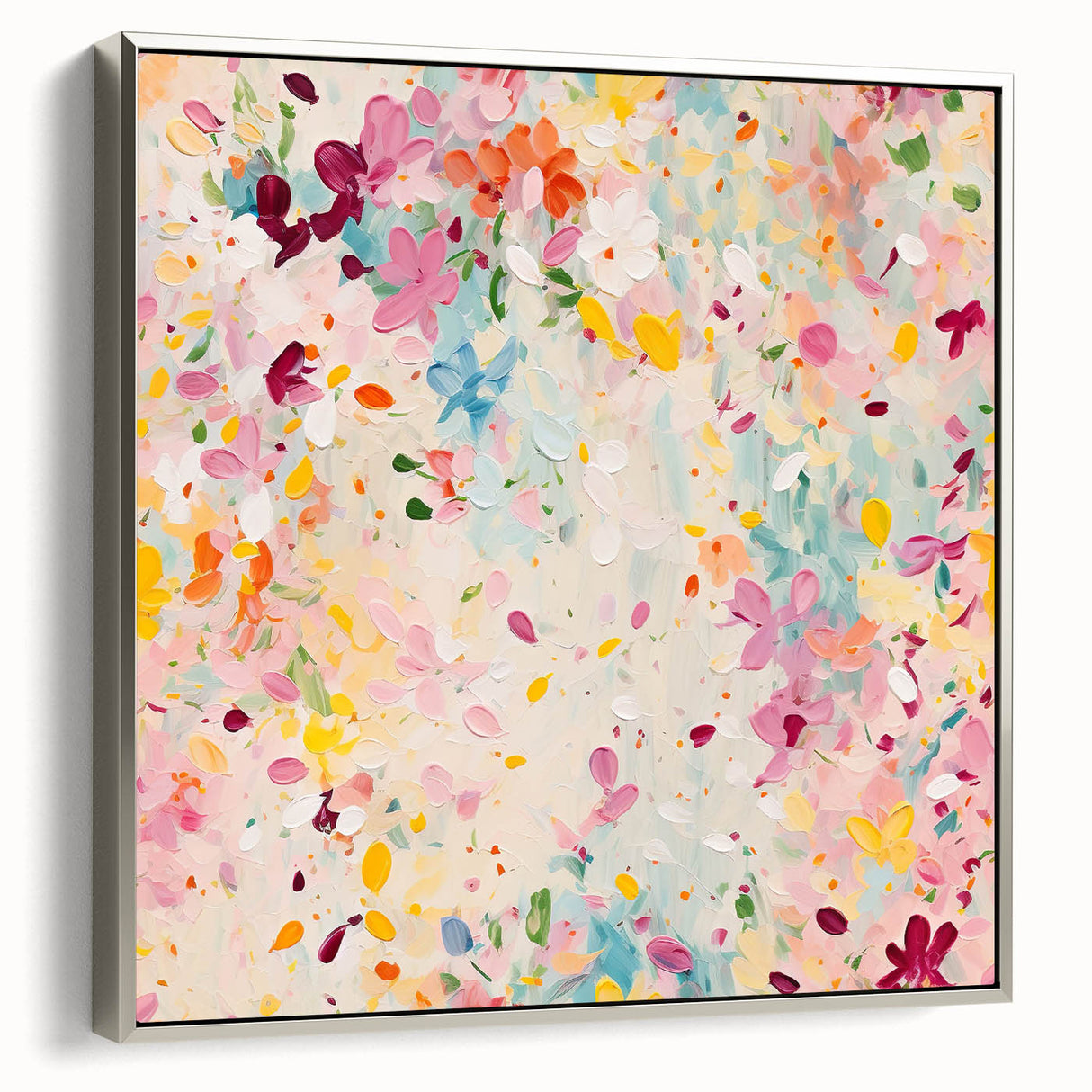 Framed abstract floral wall art on canvas with silver accents, showcasing vibrant colors and intricate details, ideal for modern home decor.