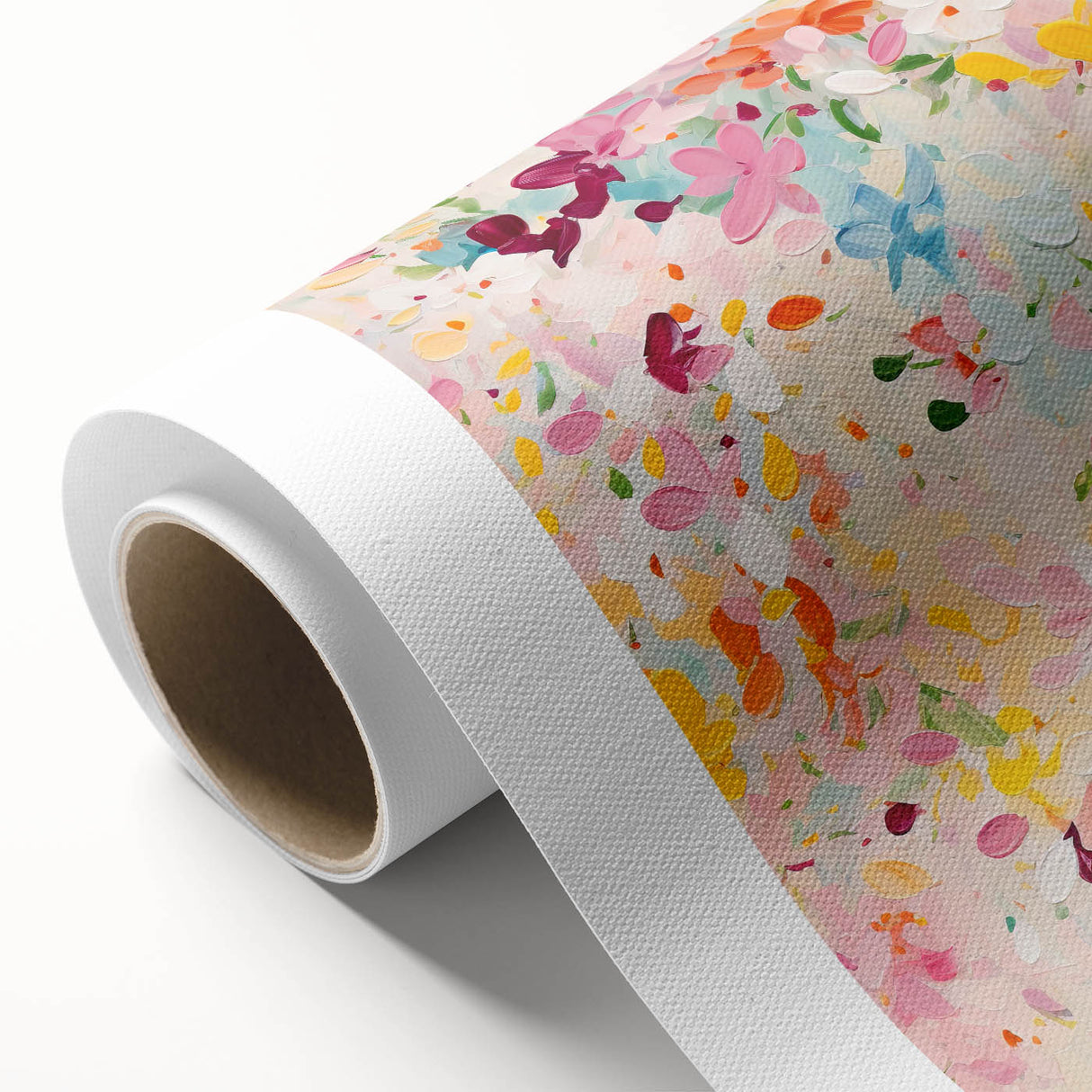 Abstract floral wall art design on rolled canvas, showcasing vibrant colors and intricate patterns, ideal for modern home decor. Packaged securely in a cardboard tube for optimal protection during shipping.