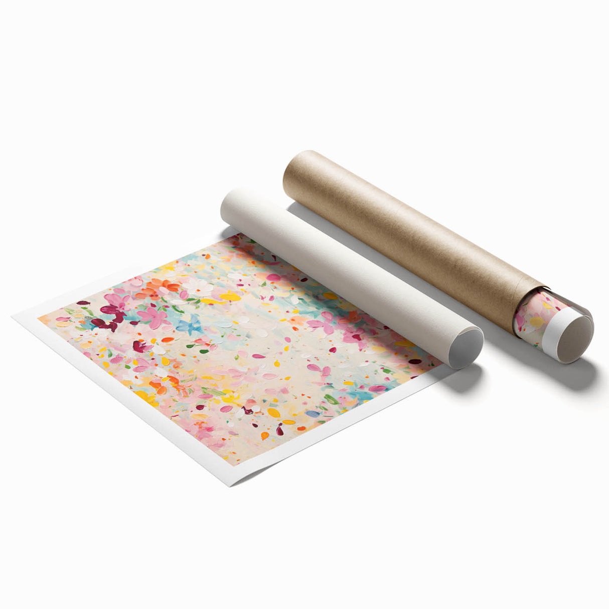 Abstract floral wall art print showcasing vibrant colors and intricate designs, ideal for home decor. Rolled and packaged securely for easy display.