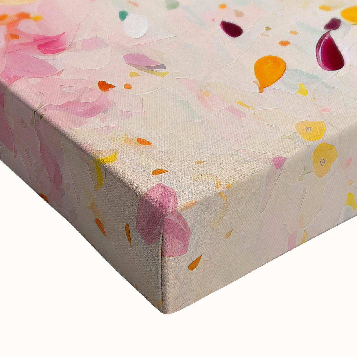Close-up of vibrant abstract floral wall art on stretched canvas, showcasing intricate details and rich colors, perfect for modern home decor.