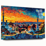 Abstract landscape wall art displayed in a sleek acrylic glass frame, showcasing vibrant colors and fluid shapes, perfect for modern home decor.