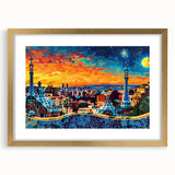 Abstract landscape wall art in a gold frame with a white mat, showcasing vibrant colors and a modern design, ideal for contemporary home decor.