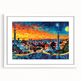 Abstract landscape wall art framed in white, featuring vibrant colors and dynamic shapes, perfect for modern home decor. Ideal for enhancing living spaces.