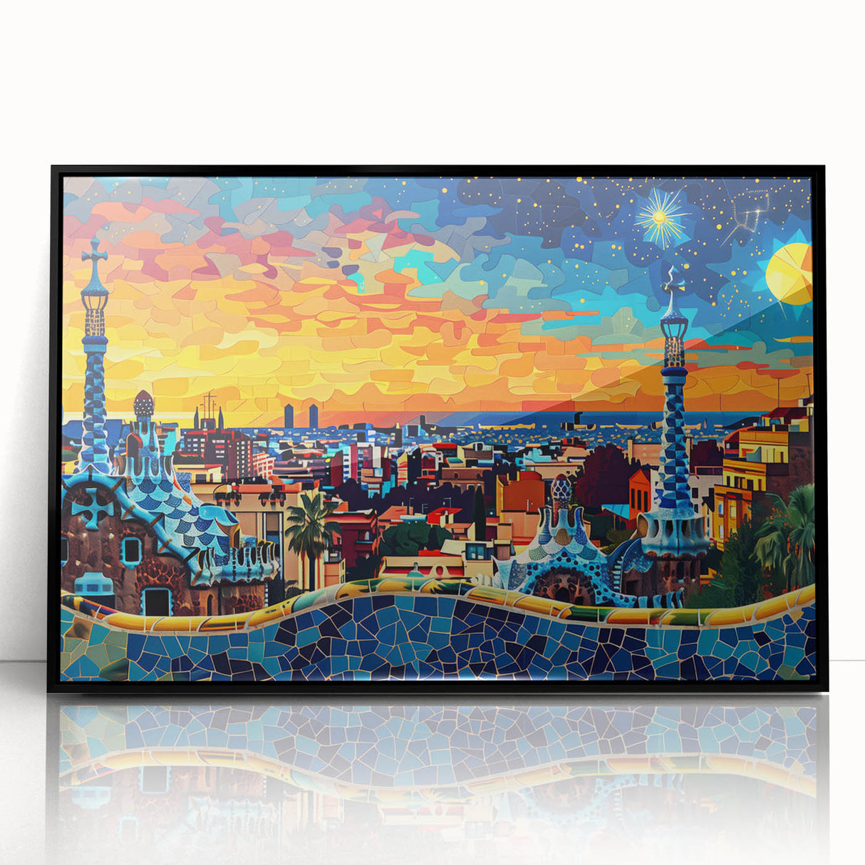 Framed abstract landscape wall art with black acrylic front, showcasing vibrant colors and modern design, perfect for contemporary home decor.