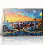 Framed acrylic wall art featuring an abstract landscape design with gold accents, perfect for modern home decor. The artwork showcases vibrant colors and intricate details, enhancing any living space.