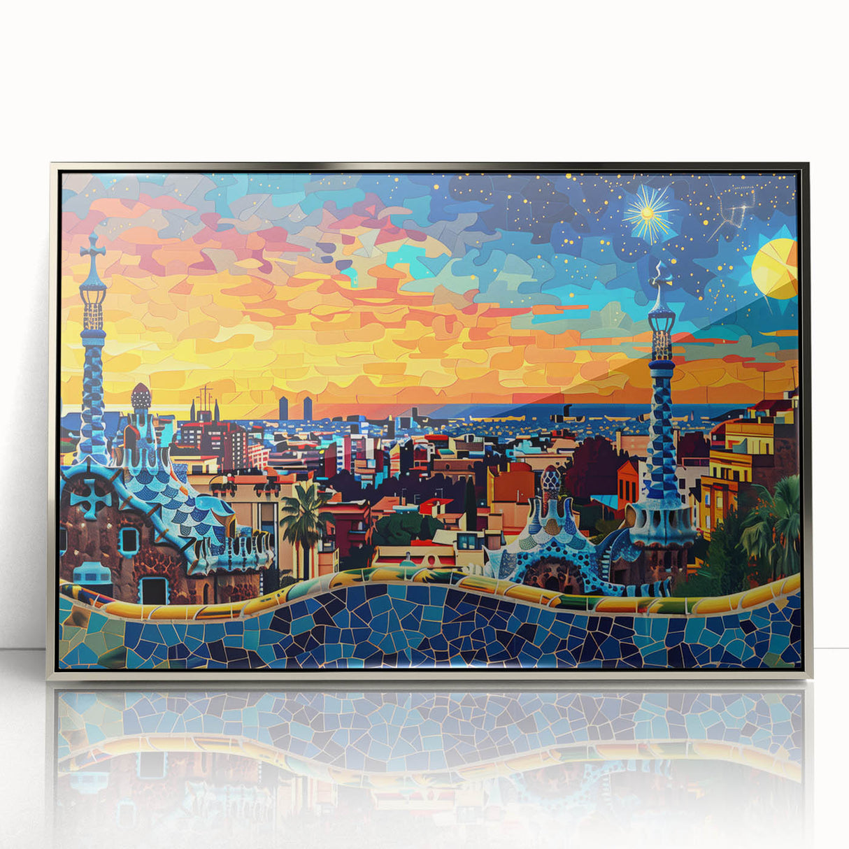 Framed abstract landscape wall art in silver acrylic, showcasing vibrant colors and dynamic forms, perfect for modern home decor and artistic interior design.