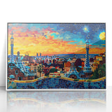 Framed abstract landscape wall art in white acrylic, showcasing vibrant colors and fluid shapes, perfect for modern home decor, enhancing living spaces.