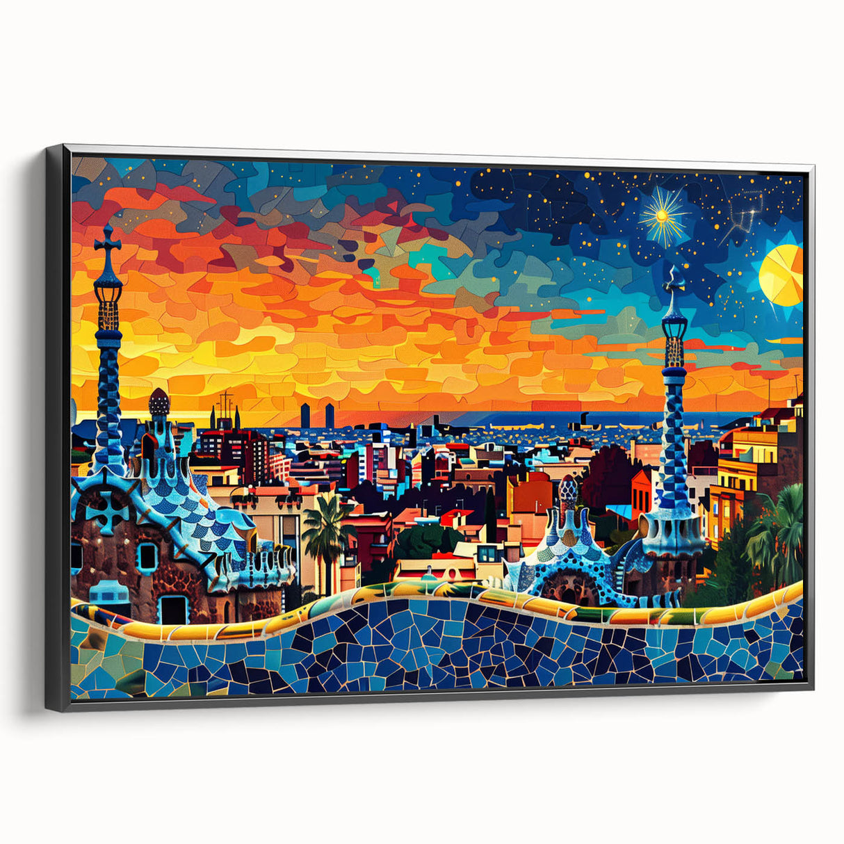 Framed canvas wall art showcasing an abstract landscape design in shades of blue and green, with a sleek black frame enhancing its modern aesthetic. Ideal for contemporary home decor.