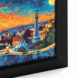 Close-up of a framed abstract landscape wall art piece showcasing vibrant colors and intricate textures, perfect for modern home decor.
