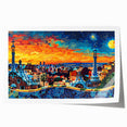 Abstract landscape wall art print showcasing vibrant hues of blue, orange, and yellow, designed to enhance modern decor, rolled for easy display and shipping.