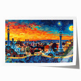 Abstract landscape wall art print showcasing vibrant hues of blue, orange, and yellow, designed to enhance modern decor, rolled for easy display and shipping.