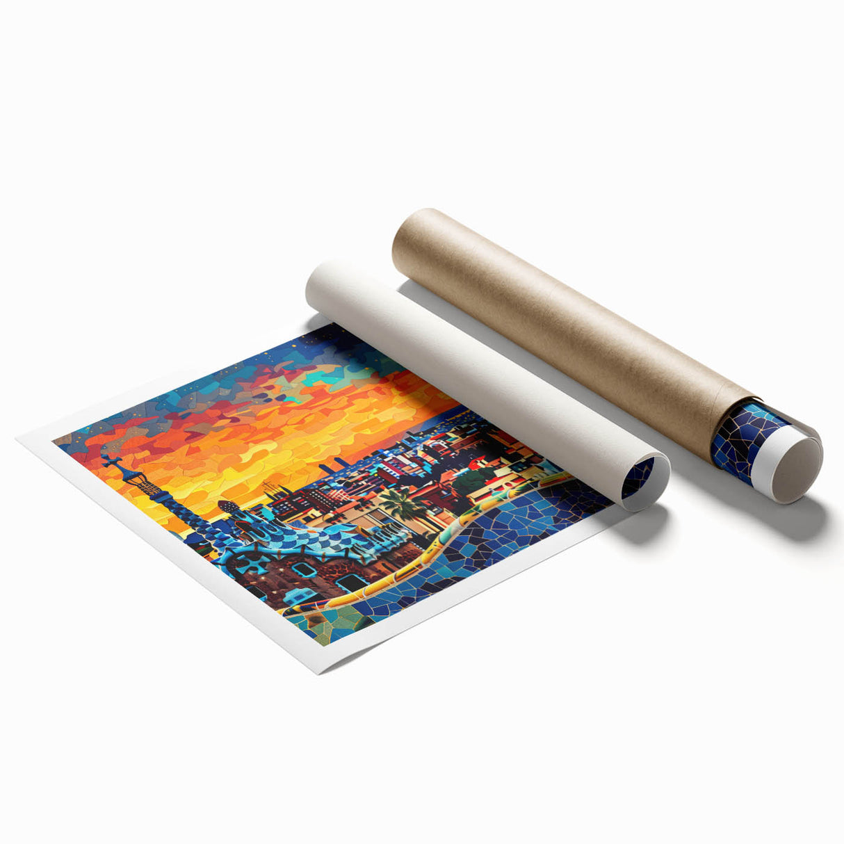 Abstract landscape wall art print showcasing vibrant colors and flowing shapes, rolled for easy transport and featuring a modern design perfect for contemporary decor.