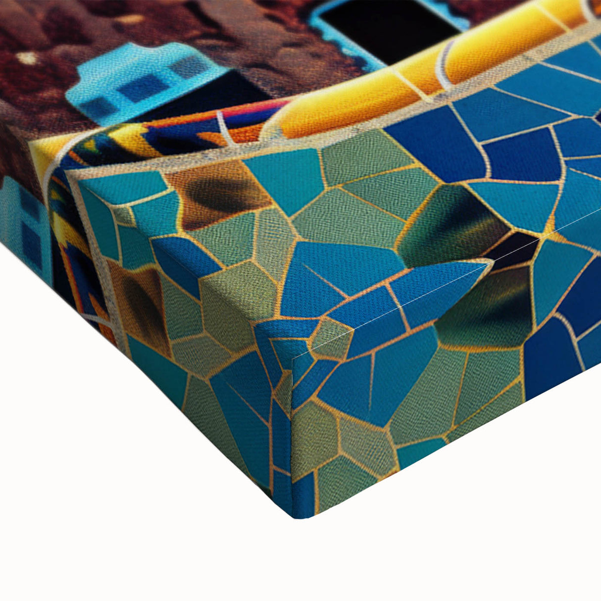 Close-up of a vibrant abstract landscape wall art design on stretched canvas, showcasing rich colors and textured details, perfect for modern home decor.