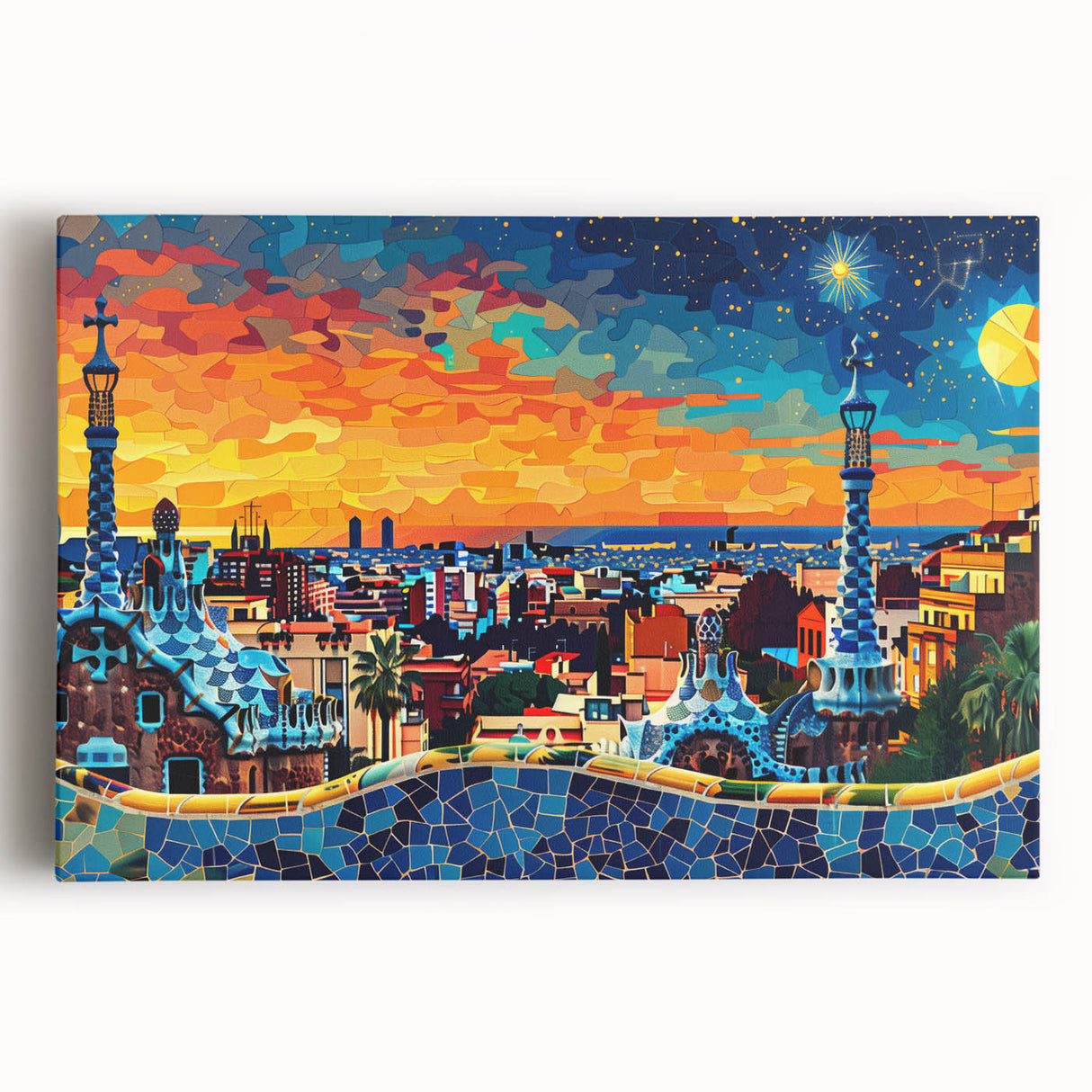 Abstract landscape wall art on stretched canvas, showcasing vibrant colors and fluid shapes, perfect for modern decor. Ideal for adding a creative touch to any living space.
