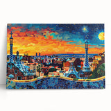 Abstract landscape wall art on stretched canvas, showcasing vibrant colors and fluid shapes, leaning against a wall, perfect for modern decor.