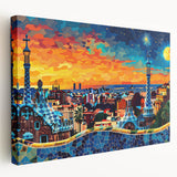 Abstract landscape wall art on stretched canvas showcases vibrant colors and dynamic shapes, creating a modern decorative piece ideal for contemporary interiors.