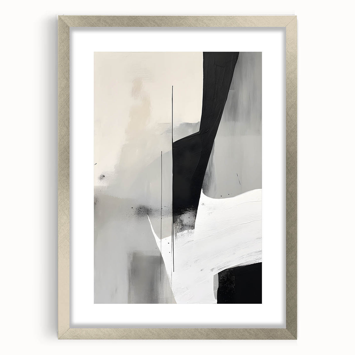 Abstract minimalist wall art framed in silver, featuring geometric patterns and soft color gradients, perfect for modern home decor and gallery walls.