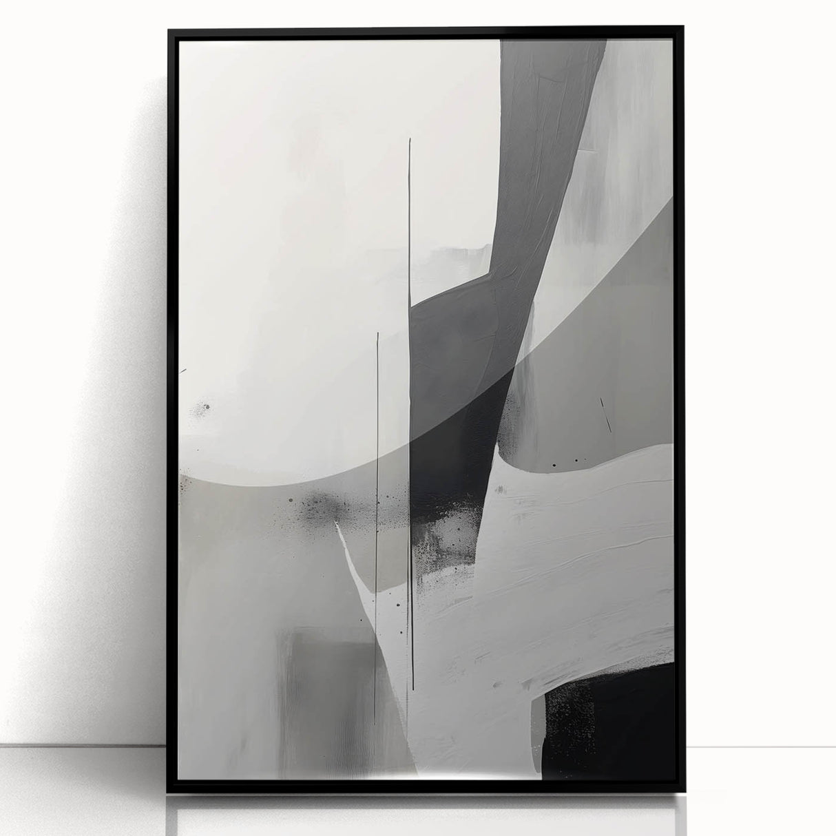 Abstract minimalist wall art framed in black acrylic, showcasing a modern design with soft color gradients and geometric shapes, ideal for contemporary decor.