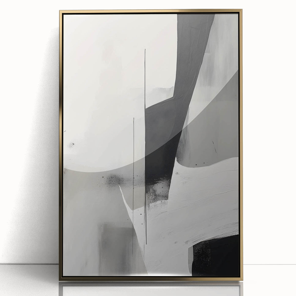 Framed abstract minimalist wall art featuring a gold-accented design, displayed from a front view, ideal for modern home decor and art enthusiasts.