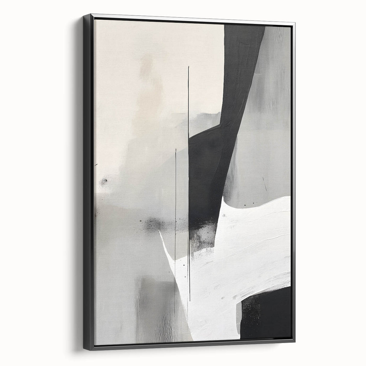 Abstract minimalist wall art featuring a black framed canvas with geometric designs, showcasing a sleek side view that highlights its modern aesthetic and craftsmanship. Ideal for contemporary home decor, this piece adds a touch of sophistication to any room.