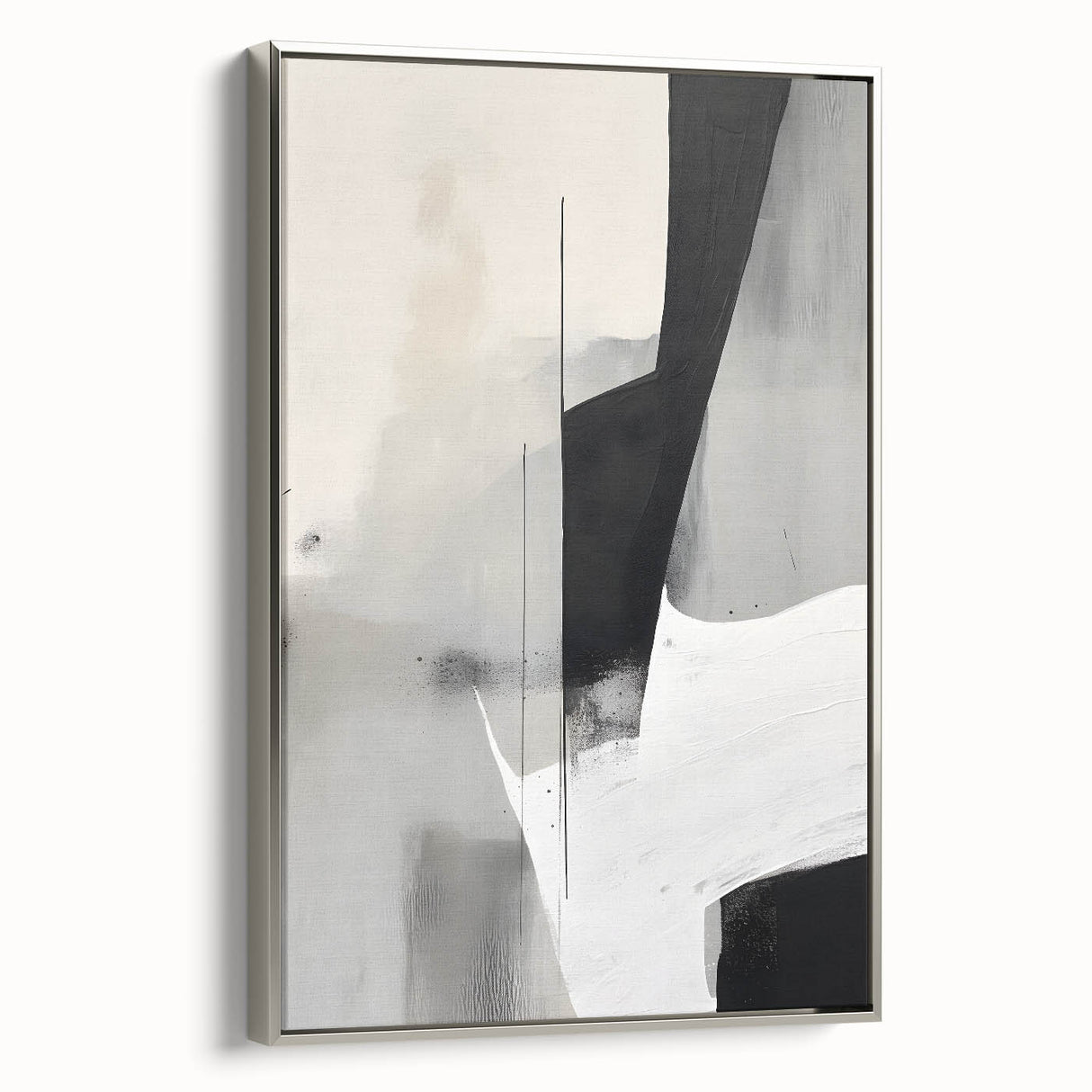 Framed abstract minimalist wall art in silver, showcasing elegant geometric shapes on a textured canvas, ideal for modern home decor and interior design.