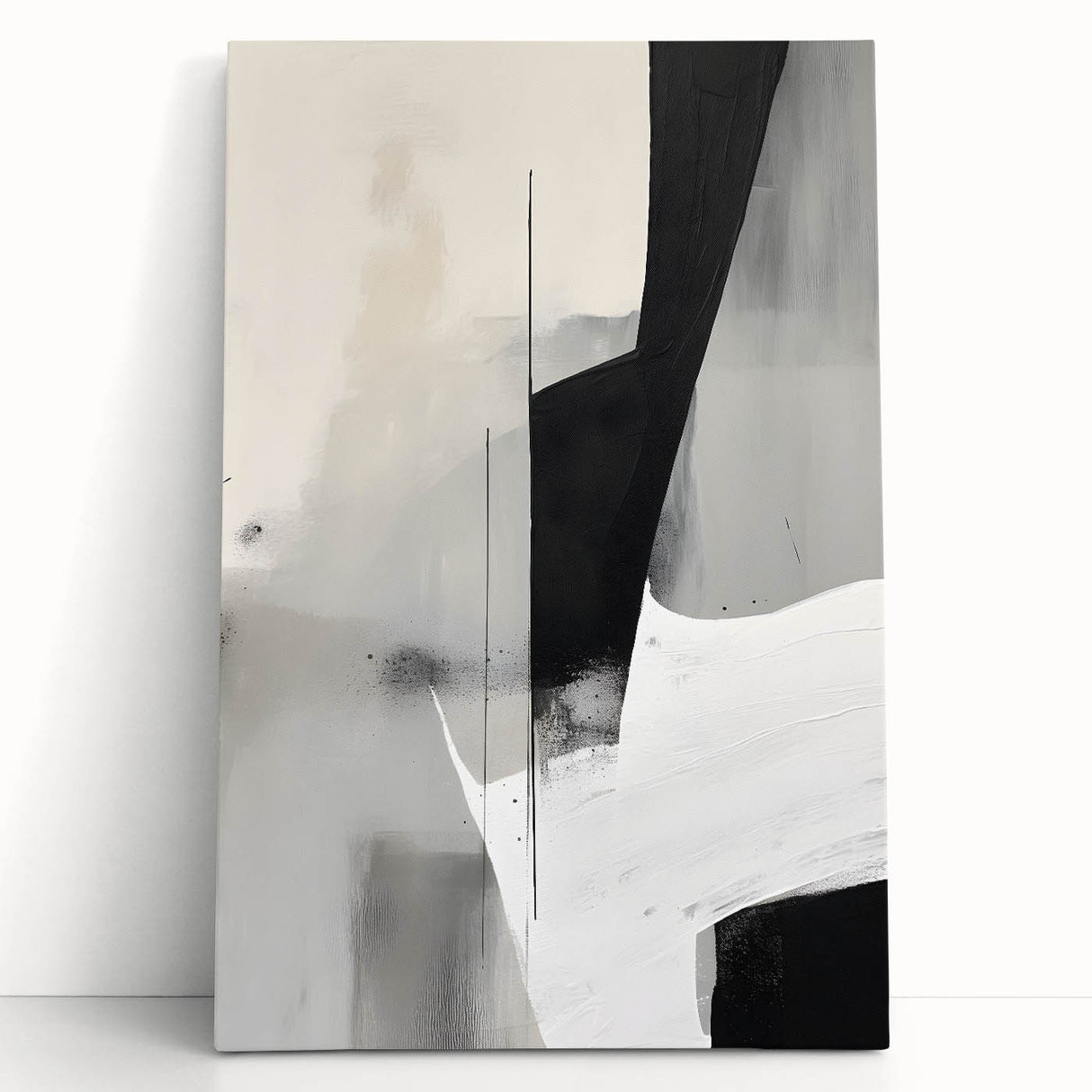 Abstract minimalist wall art on stretched canvas, showcasing soft pastel colors and geometric shapes, elegantly leaning against a neutral wall, perfect for modern decor.