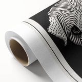 Art Nouveau floral art on rolled canvas featuring symmetrical line art flowers in muted earth tones.